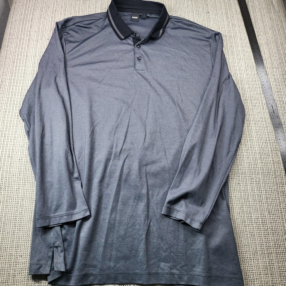 Boss Polo Shirt Mens Big 2XLT Gray Solid Knit Long Sleeve Logo Tab Casual